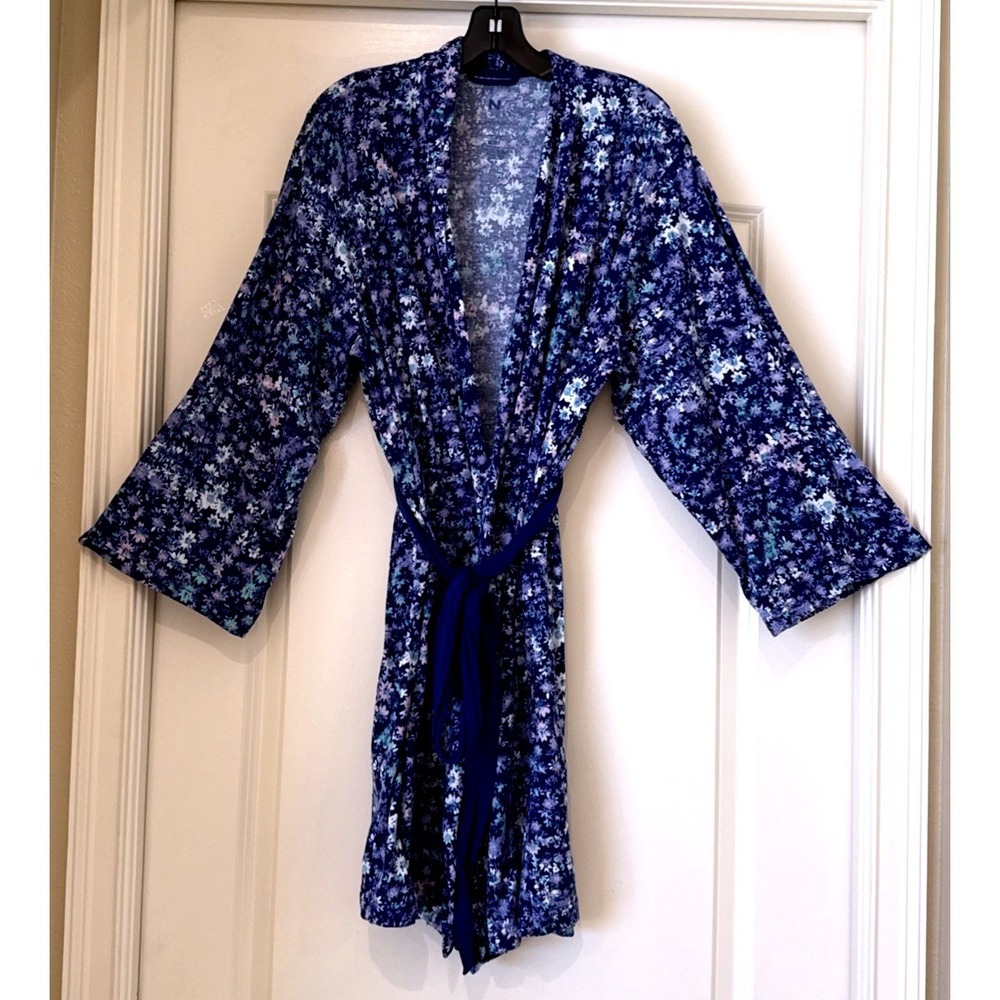 N Natori Floral Knit Robe Blue Purple Kimono Sleeve Wrap Belted Lounge‎ L/G